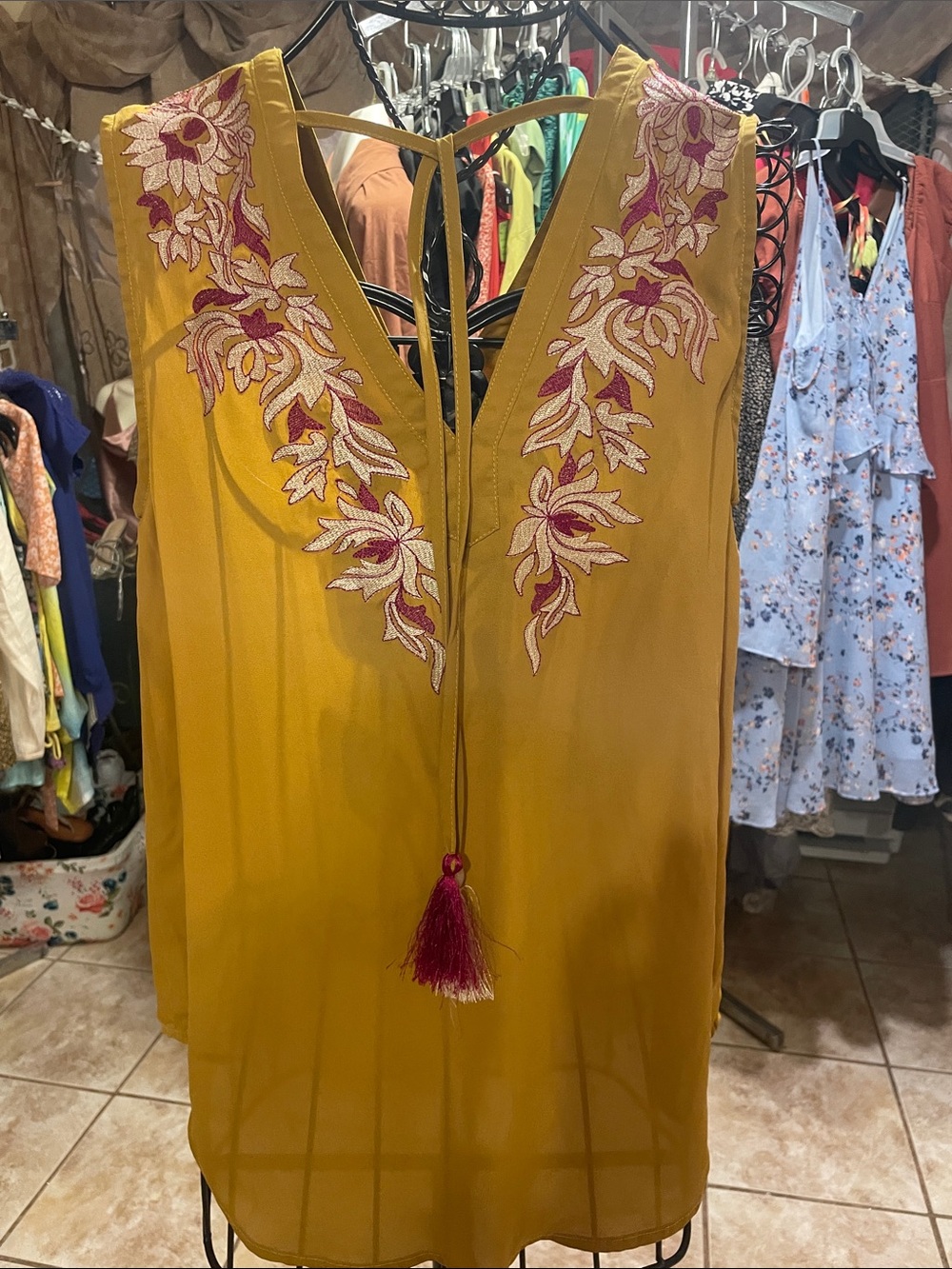 Embroidered Mustard Tank Top with Tassel Tie